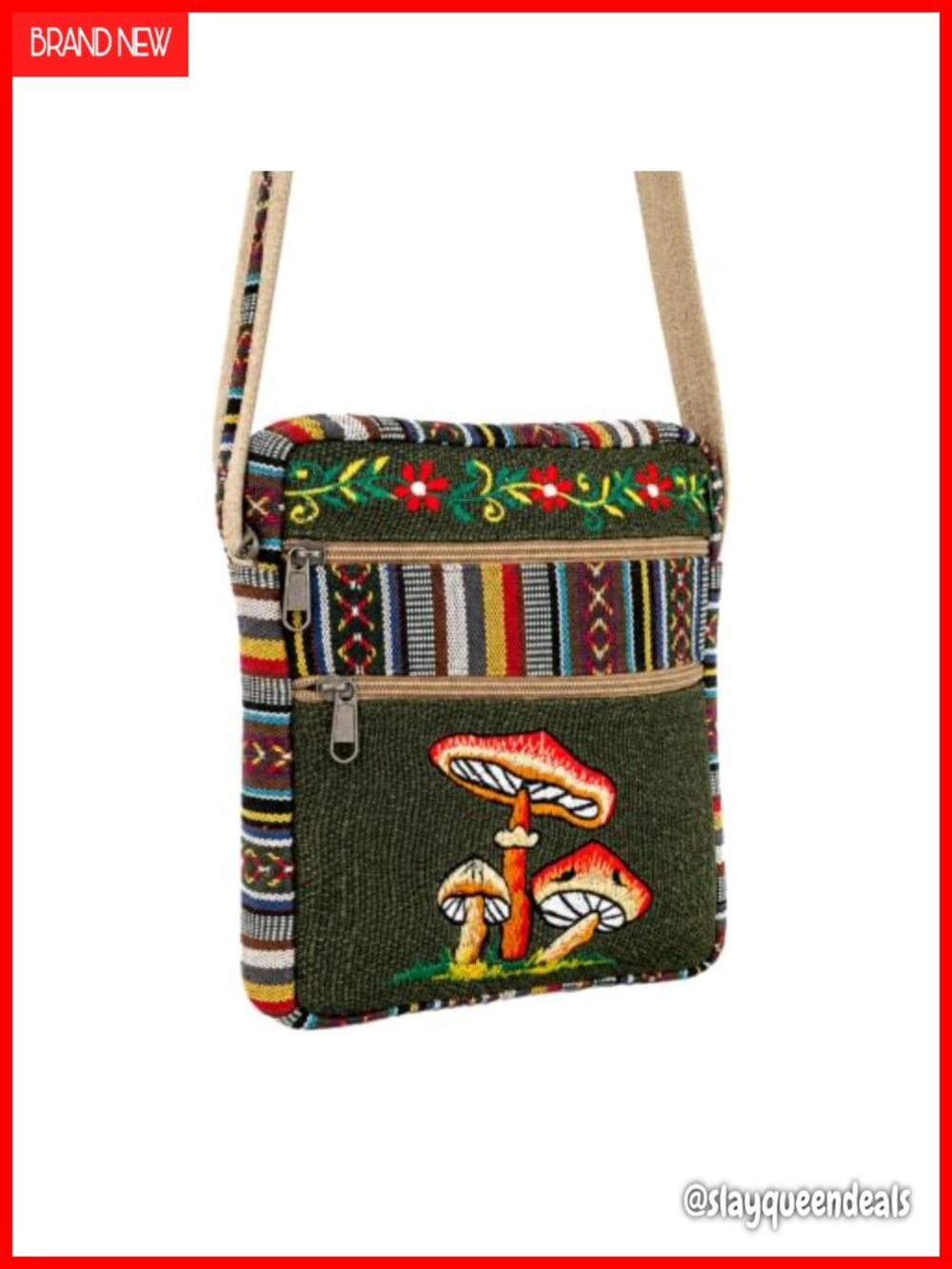 Handcrafted Hemp Crossbody Bag Embroidered Mushroom Boho Travel